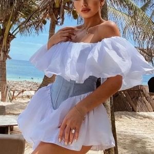 Blue White Soft white pantie flare Balet skirt crop top ,Separate flare bell arm